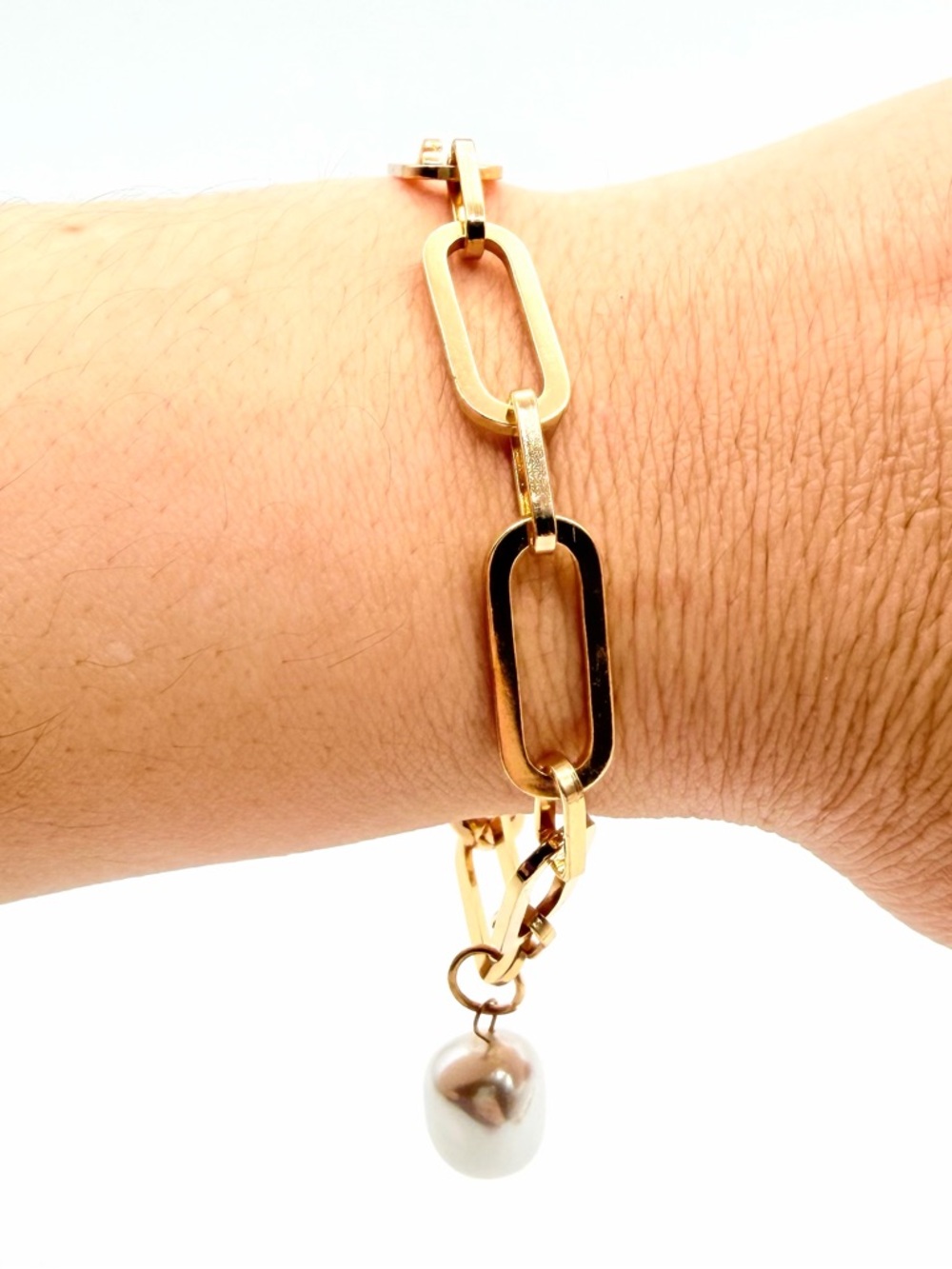 Gold Tone Paperclip Link Bracelet with Baroque Pearl Drop